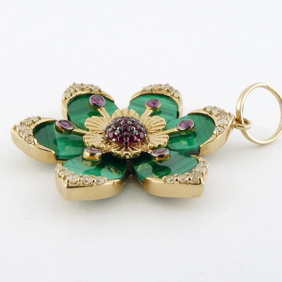 New 14K Yellow Gold Malachite Diamond Ruby Pink Sapphire Flower Pendant or Charm - Picture 6 of 8